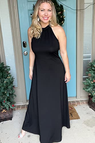 STYLEWORD Women's 2024 Black Formal Cocktail Dresses Summer Maxi Wedding Guest Halter Long Evening Dress Trendy Fashion(Black,L)