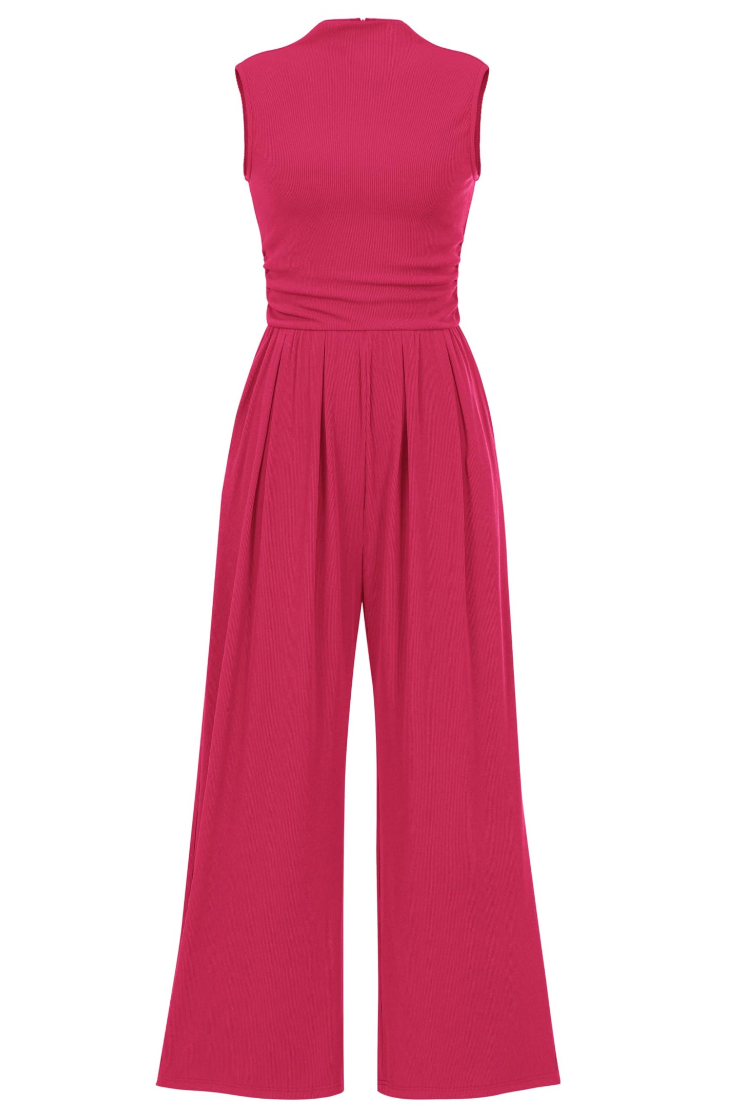 PRETTYGARDEN Womens Summer Jumpsuits Dressy Casual One Piece Outfits Sleeveless Mock Neck Wide Leg Pants Rompers with Pockets (Rose Red,Medium)