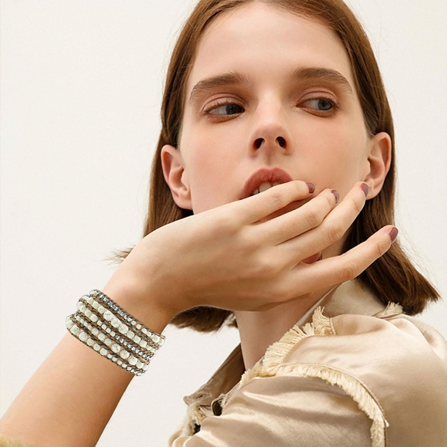 DLUUU Precious Natural Stone Wrap Bracelet for Women,Leather Wrap Bracelets Boho,Agate Crystal Beads Strand Bracelet (Turquoise white)