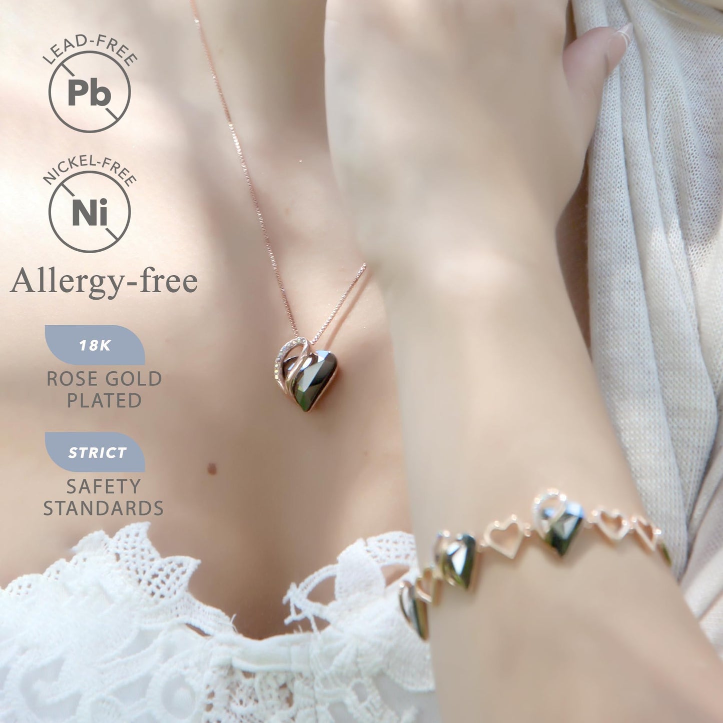 Leafael Rose Gold Plated Necklace for Women: Heart Shaped Metal Black Healing Crystal Center, Dazzling Cubic Zirconia, Hypoallergenic Chain (18"+2"), Jewelry Gifts for Anniversaries and Birthdays