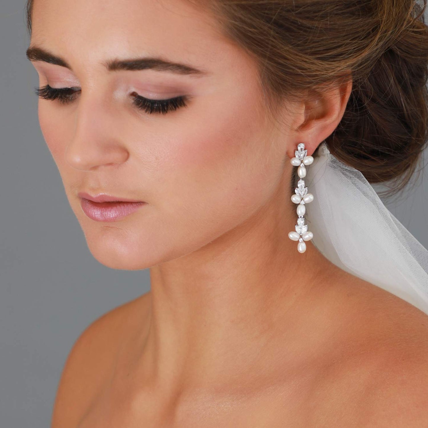 Pearl Dangle Bridal Wedding Earrings with Cubic Zirconia