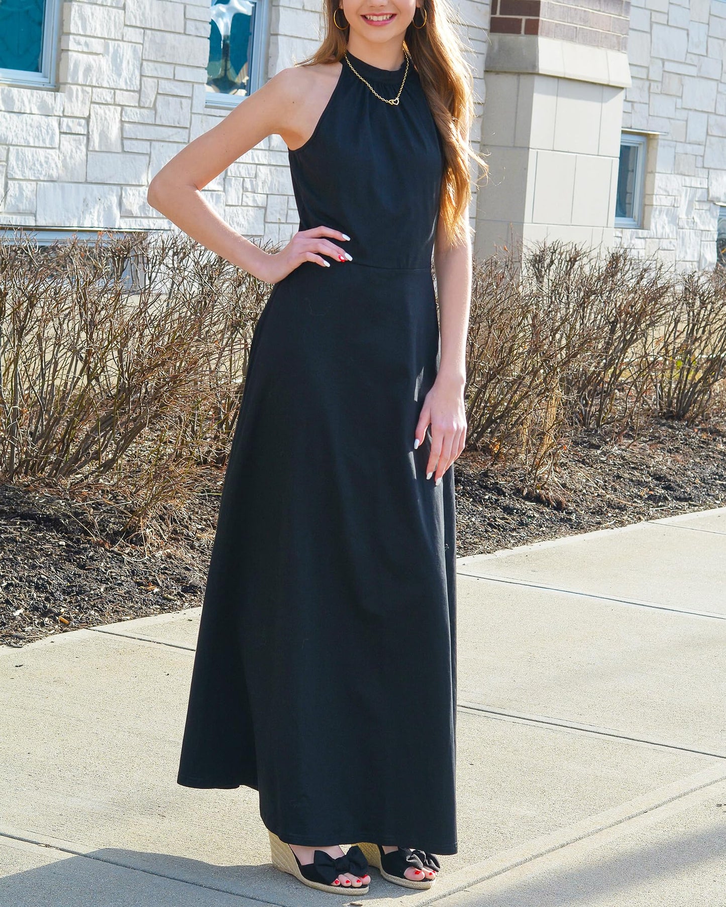 STYLEWORD Women's 2024 Black Formal Cocktail Dresses Summer Maxi Wedding Guest Halter Long Evening Dress Trendy Fashion(Black,L)