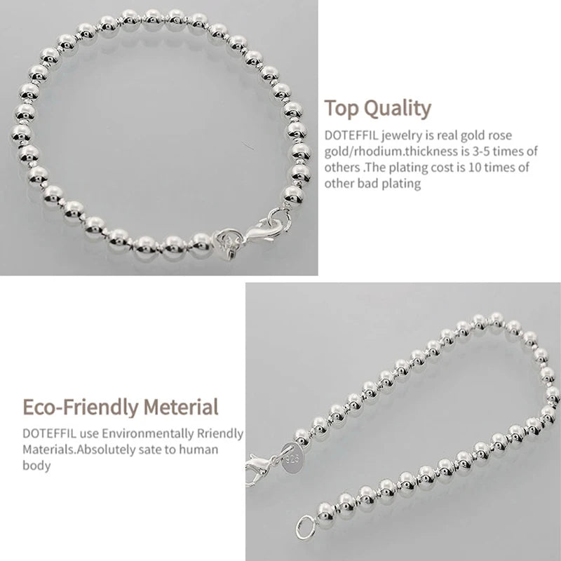 DOTEFFIL 925 Sterling Silver 6mm Hollow Ball Bead Chain Bracelet For Women Wedding Engagement Party Jewelry