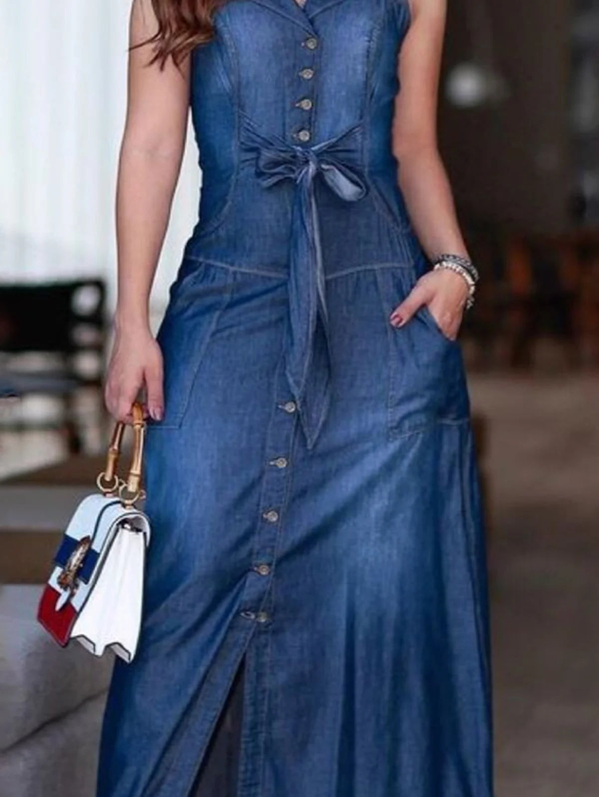 Summer Plus Size Women's Dress Fashion Loose Flat Neck Wash Denim Bow Tank Top Dress Sleeveless Dress Beach Sun Dress Vestidos