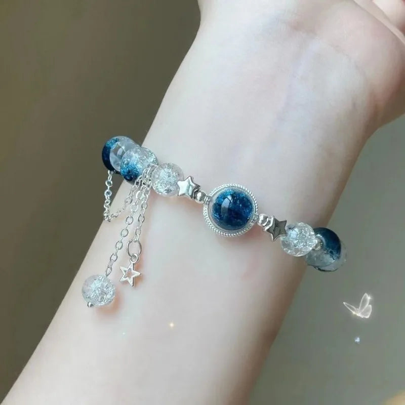 Blue Color Fashion Delicate Galaxy Glass Handmade Beaded Elastic Braclet for Women Girls New Sweet Best Friend Bracelet Jewelry