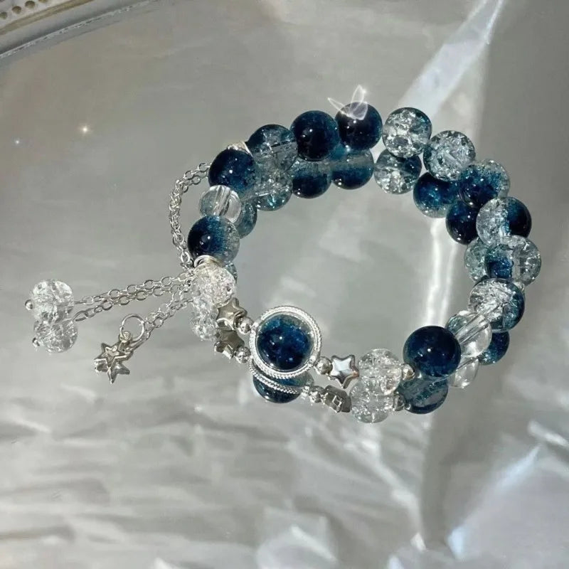 Blue Color Fashion Delicate Galaxy Glass Handmade Beaded Elastic Braclet for Women Girls New Sweet Best Friend Bracelet Jewelry