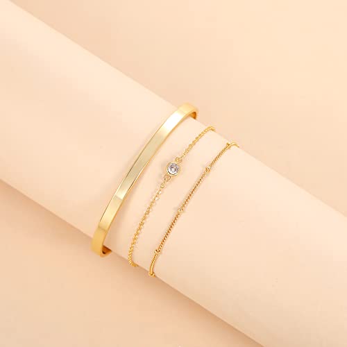 Moodear Gold Bracelet Sets for Women 14K Gold Plated Dainty Beaded Bracelets Stack Adjustable Layered Gold Link Bracelet Crystal Center Bracelet Cuff Bangle Set Fashion Jewelry