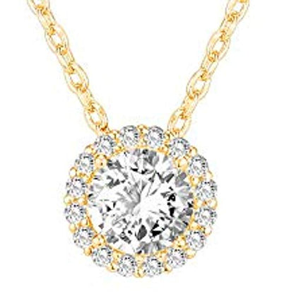 PAVOI 14K Gold Plated Post Faux Diamond Round Solitaire Pendant Halo Necklace in Yellow Gold