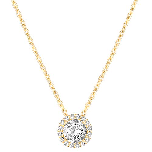 PAVOI 14K Gold Plated Post Faux Diamond Round Solitaire Pendant Halo Necklace in Yellow Gold