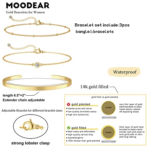 Moodear Gold Bracelet Sets for Women 14K Gold Plated Dainty Beaded Bracelets Stack Adjustable Layered Gold Link Bracelet Crystal Center Bracelet Cuff Bangle Set Fashion Jewelry