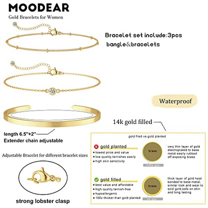 Moodear Gold Bracelet Sets for Women 14K Gold Plated Dainty Beaded Bracelets Stack Adjustable Layered Gold Link Bracelet Crystal Center Bracelet Cuff Bangle Set Fashion Jewelry