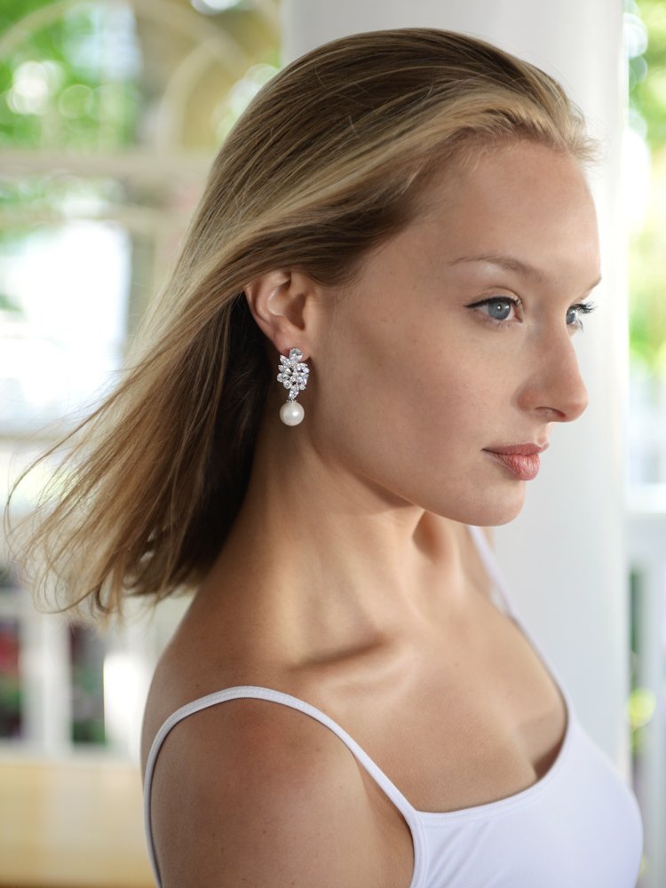 Pearl Drop Bridal Earrings with Cubic Zirconia Crystals, Dramatic Statement Earring, Bridal Jewelry for Wedding, Mother of the Bride