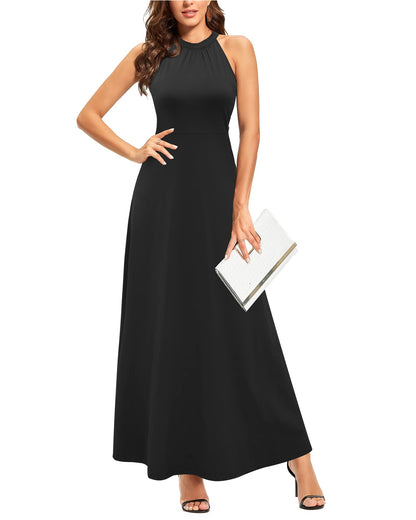 STYLEWORD Women's 2024 Black Formal Cocktail Dresses Summer Maxi Wedding Guest Halter Long Evening Dress Trendy Fashion(Black,L)