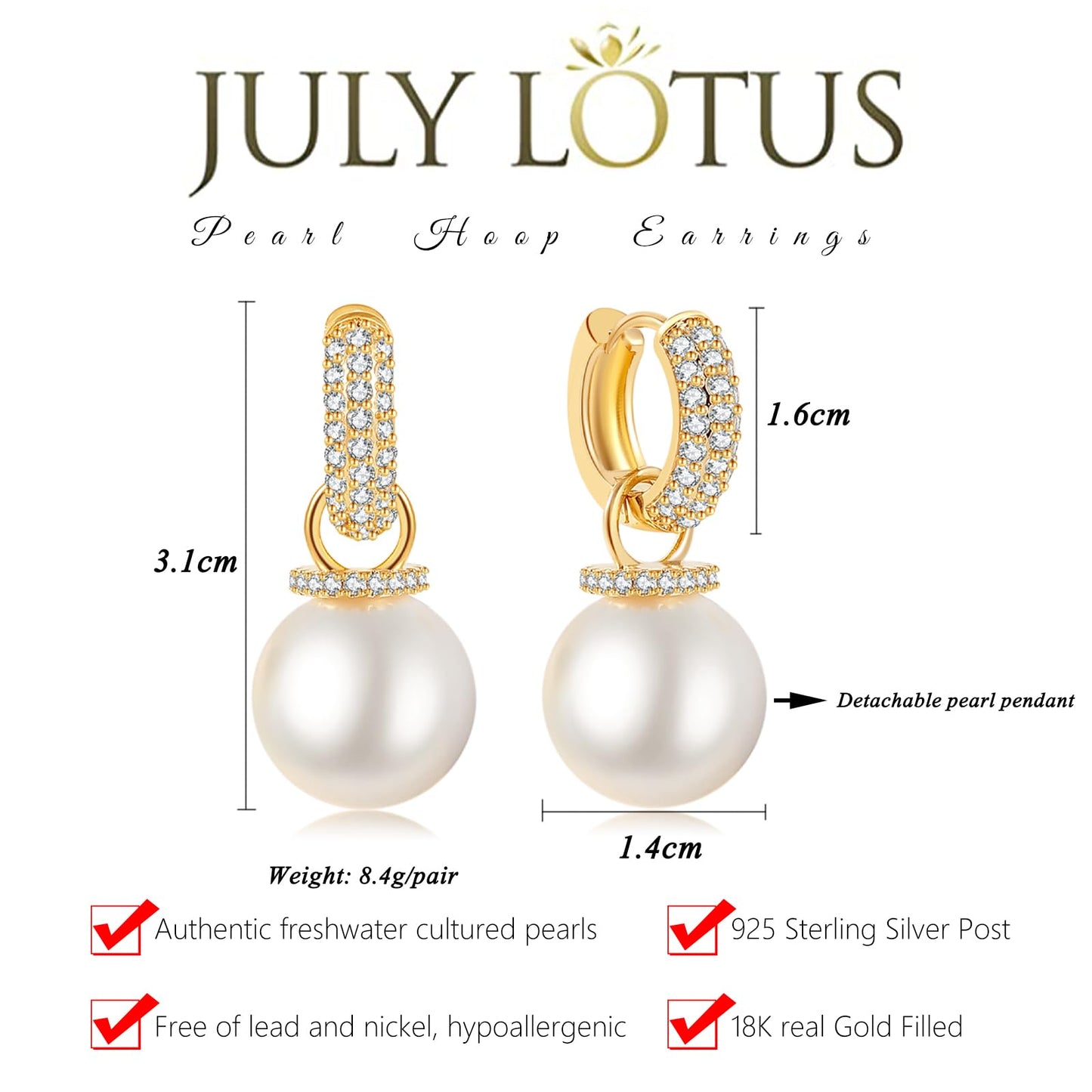 Julylotus 14K Gold Convertible Pearl Earrings for Women, Lightweight White Shell Pearl Drop Earrings, Handpicked Freshwater Cultured Dangle Pearl Earrings