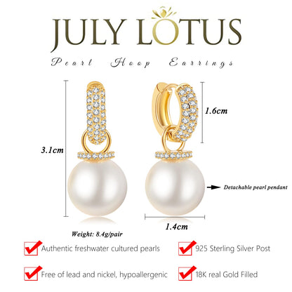 Julylotus 14K Gold Convertible Pearl Earrings for Women, Lightweight White Shell Pearl Drop Earrings, Handpicked Freshwater Cultured Dangle Pearl Earrings