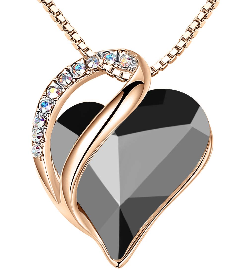 Leafael Rose Gold Plated Necklace for Women: Heart Shaped Metal Black Healing Crystal Center, Dazzling Cubic Zirconia, Hypoallergenic Chain (18"+2"), Jewelry Gifts for Anniversaries and Birthdays