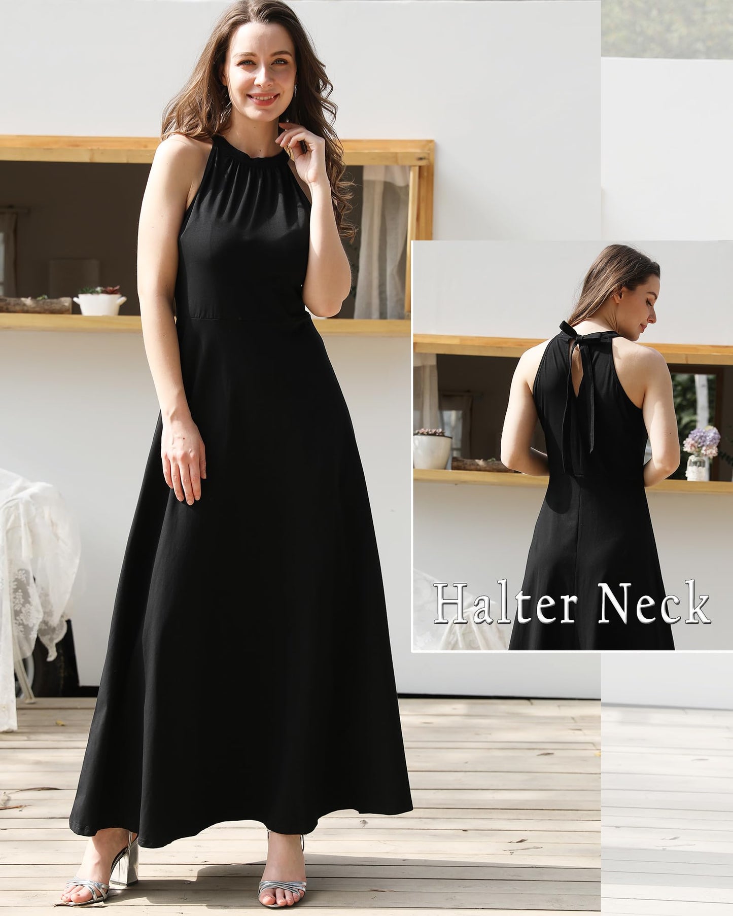 STYLEWORD Women's 2024 Black Formal Cocktail Dresses Summer Maxi Wedding Guest Halter Long Evening Dress Trendy Fashion(Black,L)