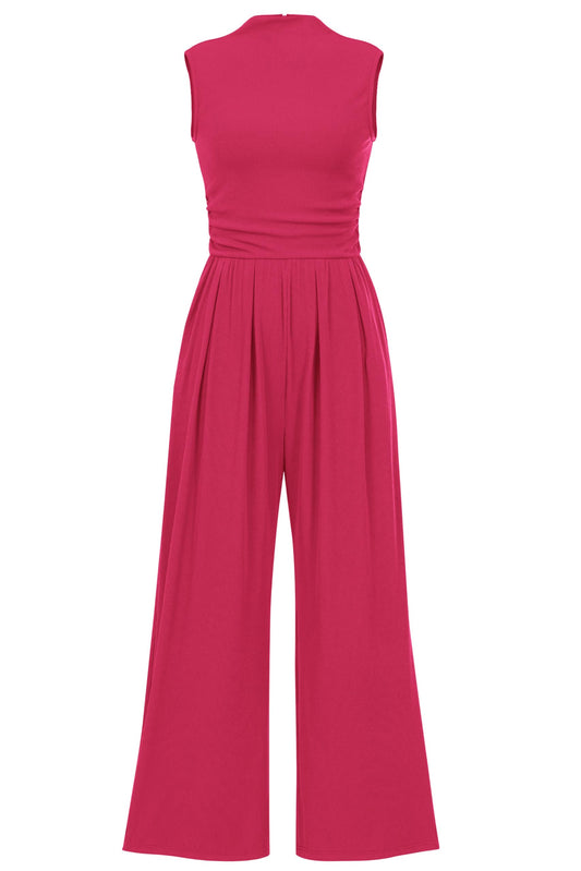 PRETTYGARDEN Womens Summer Jumpsuits Dressy Casual One Piece Outfits Sleeveless Mock Neck Wide Leg Pants Rompers with Pockets (Rose Red,Medium)