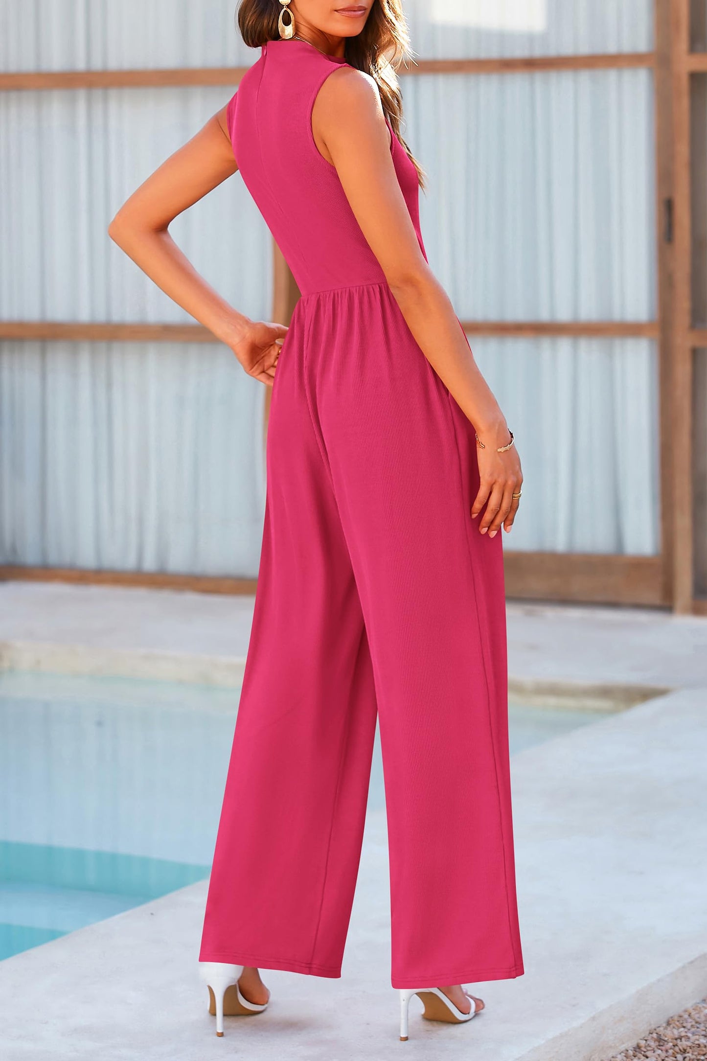 PRETTYGARDEN Womens Summer Jumpsuits Dressy Casual One Piece Outfits Sleeveless Mock Neck Wide Leg Pants Rompers with Pockets (Rose Red,Medium)
