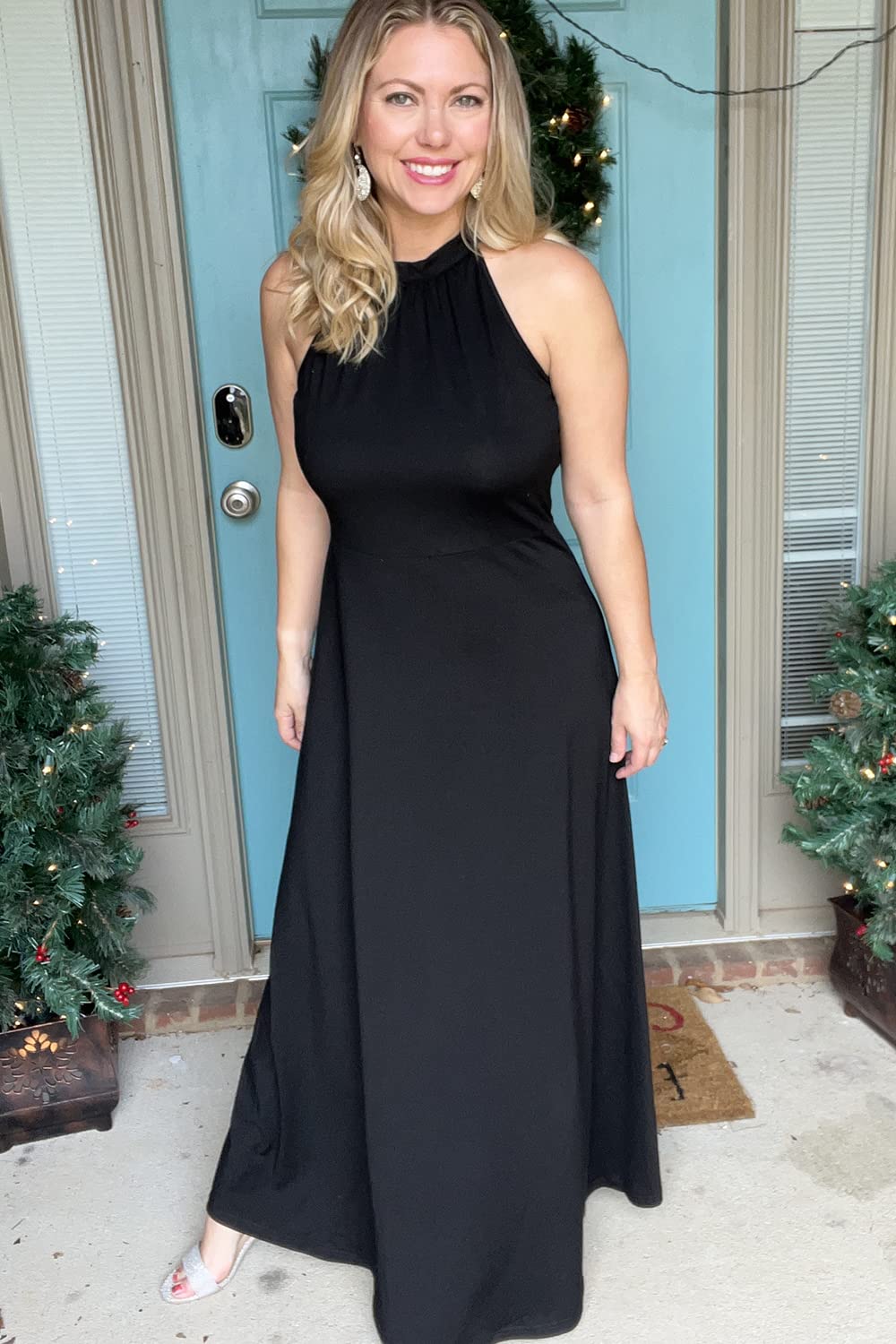 STYLEWORD Women's 2024 Black Formal Cocktail Dresses Summer Maxi Wedding Guest Halter Long Evening Dress Trendy Fashion(Black,L)