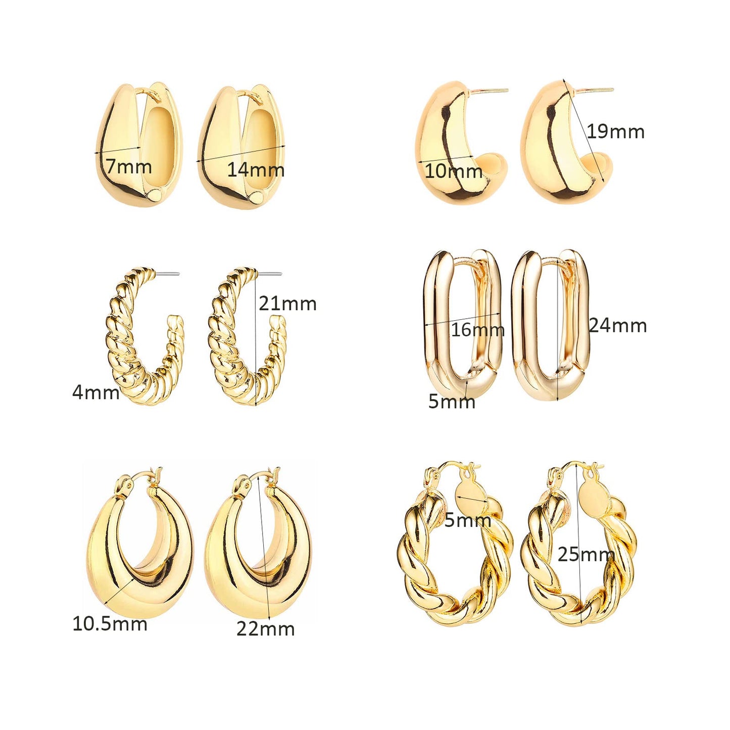 6 Pairs 14K Gold Hoop Earrings for Women Lightweight Chunky Hoop Earrings Multipack Hypoallergenic, Thick Open Twisted Huggie Hoops Earring Set Jewelry for Gifts. (Gold)