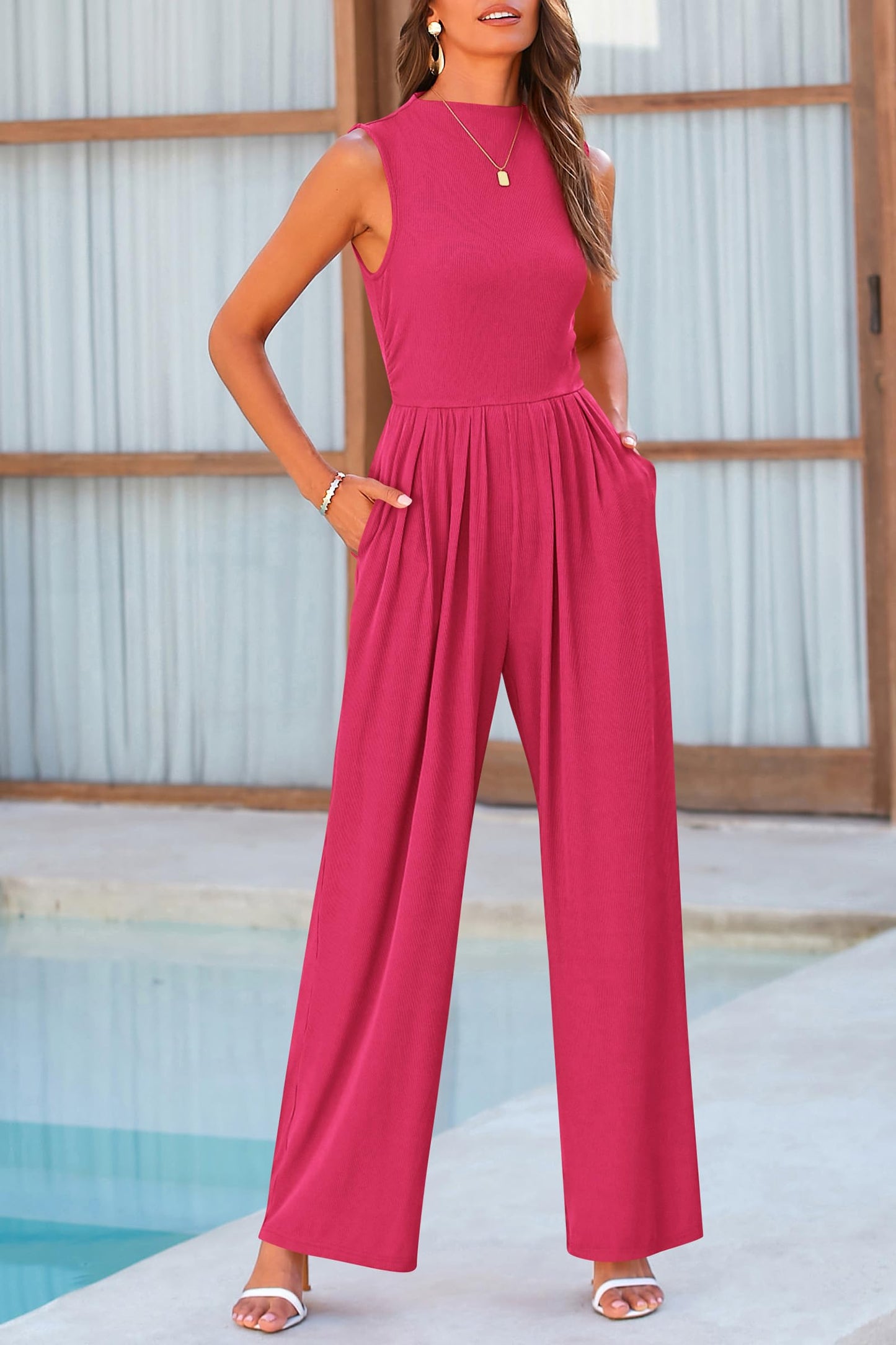 PRETTYGARDEN Womens Summer Jumpsuits Dressy Casual One Piece Outfits Sleeveless Mock Neck Wide Leg Pants Rompers with Pockets (Rose Red,Medium)