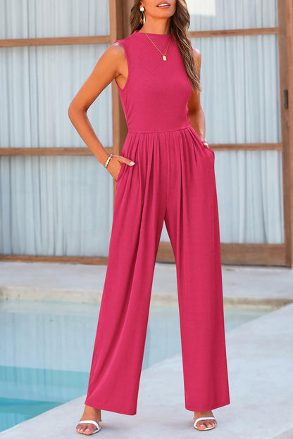 PRETTYGARDEN Womens Summer Jumpsuits Dressy Casual One Piece Outfits Sleeveless Mock Neck Wide Leg Pants Rompers with Pockets (Rose Red,Medium)