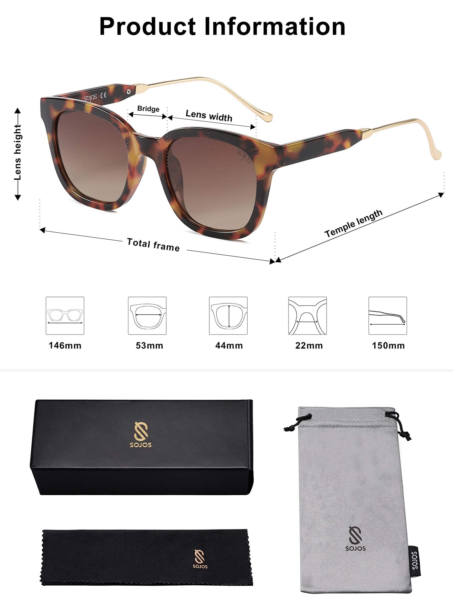 SOJOS Classic Square Polarized Sunglasses Womens Mens Retro Trendy Shades UV400 Sunnies, Amber Tortoise/Brown