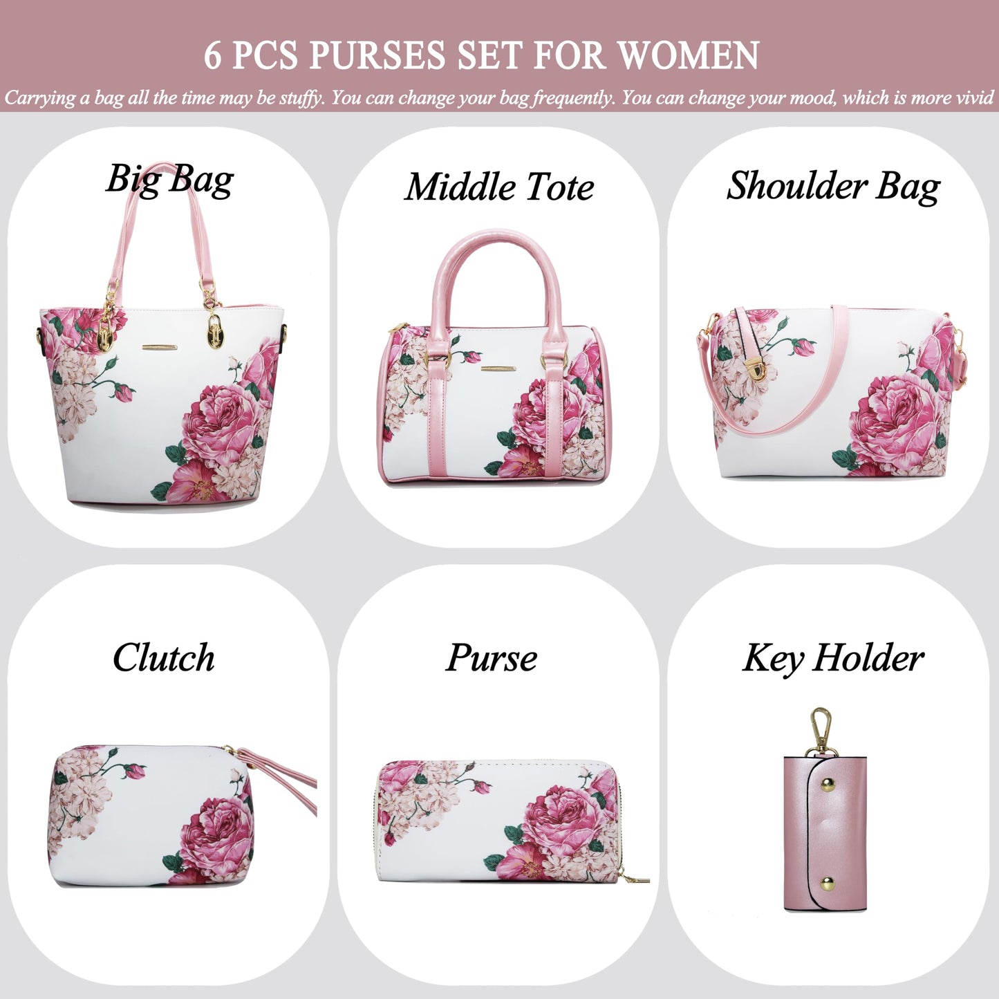2E-youth Purses And Handbags For Women Satchel Shoulder Bag Top Handle Tote Bag Hobo Purses Set(1C-pink&white)