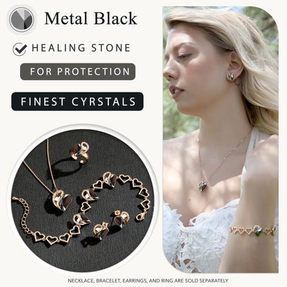 Leafael Rose Gold Plated Necklace for Women: Heart Shaped Metal Black Healing Crystal Center, Dazzling Cubic Zirconia, Hypoallergenic Chain (18"+2"), Jewelry Gifts for Anniversaries and Birthdays