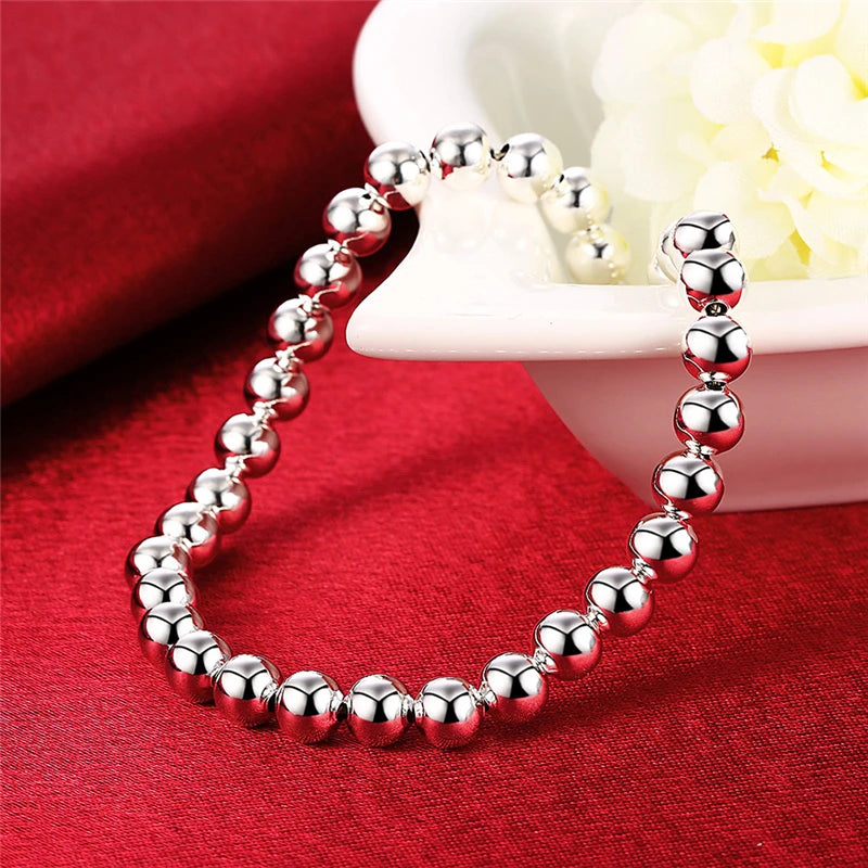 DOTEFFIL 925 Sterling Silver 6mm Hollow Ball Bead Chain Bracelet For Women Wedding Engagement Party Jewelry