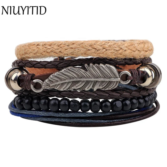 NIUYITID 4pcs/set Multilayer Feather Bracelet For Women Leather Bracelets & Bangles Men Jewelry Handmade Homme Male Braclet