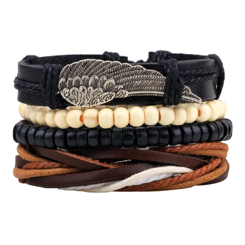 NIUYITID 4pcs/set Multilayer Feather Bracelet For Women Leather Bracelets & Bangles Men Jewelry Handmade Homme Male Braclet