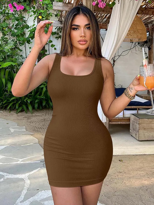Women Round Neck Tank Top Wrapped Dress