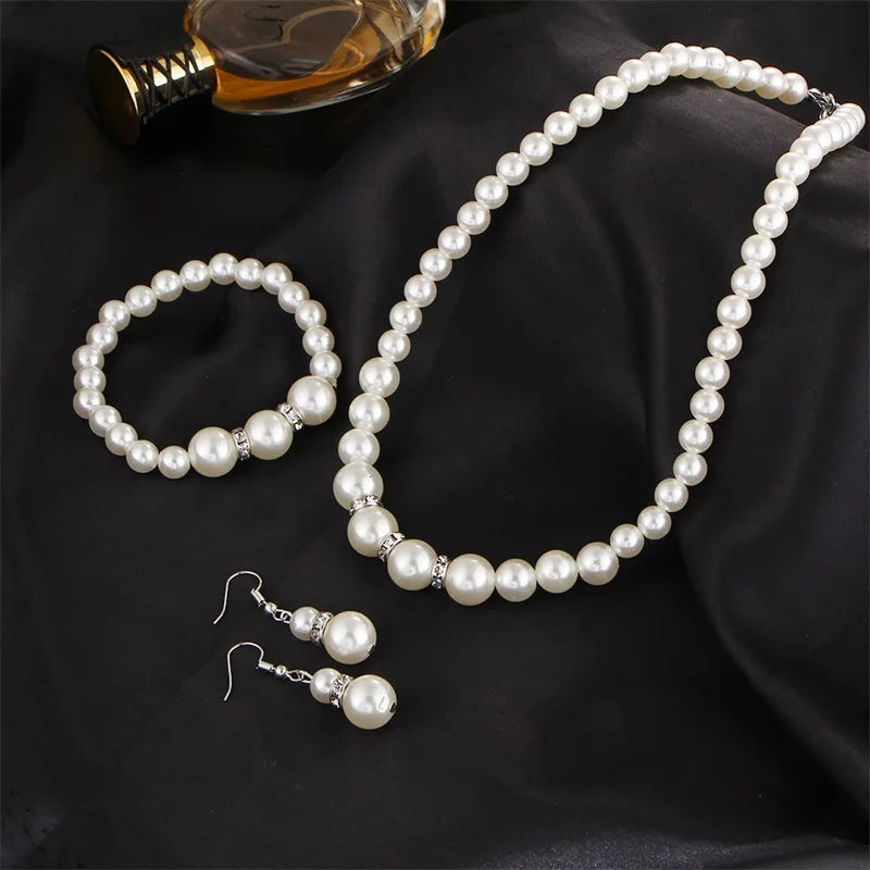 Women's Fashion Bridal Pearl Set Delicate Necklace Earrings Bracelet Jewelry Girls Anniversary Wedding Engagement Birthday Gift