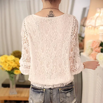 Ladies White Women Long Sleeve Chiffon shirt  blouse Lace solid elegant