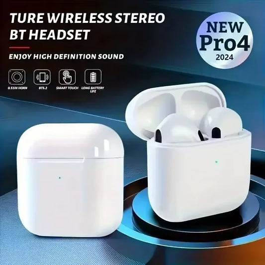 Pro 4 TWS Wireless Headphones: Bluetooth 5.0 Waterproof Earbuds with Mic - Compatible with iPhone and More (White)