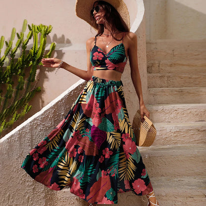 Tops Long Dress for Women Summer Fashion Two Pieces Skirt Beach Style Floral Print Midi Sexy Boho Sets