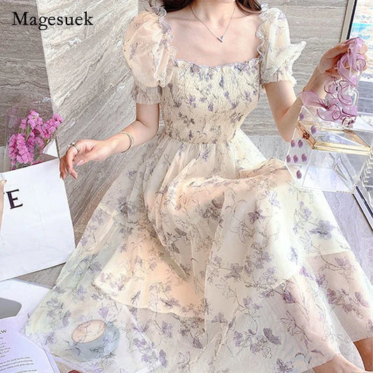 Casual Floral Party Dress Summer White Chiffon Long Dress Elegant Short Sleeve Fairy Dresses for Women Clothing Vestidos 20044