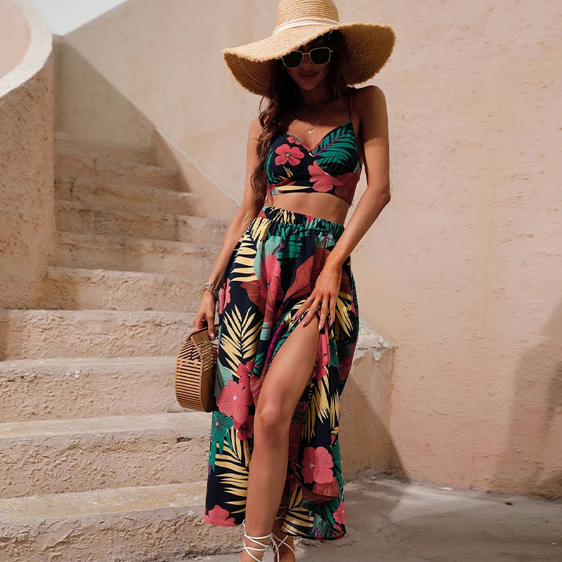 Tops Long Dress for Women Summer Fashion Two Pieces Skirt Beach Style Floral Print Midi Sexy Boho Sets