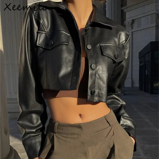 "Xeemilo Autumn Faux Leather Short Jacket: Y2K-Inspired Turn-Down Collar with Chic Button Detailing"