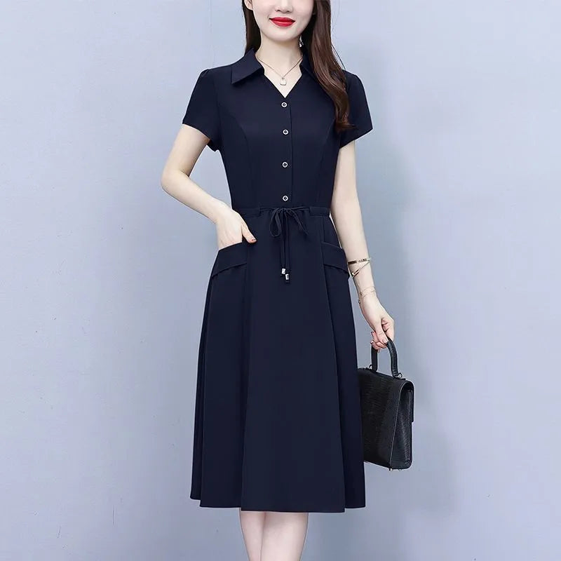 Korean Short Sleeve Midi A-Line Shirt Dress Women Summer Fashion Adjustable Waist Casual Dresses Office Lady Casual Vestidos Muj