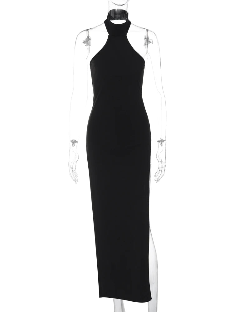 Hugcitar Halter Black Sleeveless Backless Slit Sexy Bodycon Maxi Prom Dress 2024 Spring Fashion Women Outfit Beach Vacation Club