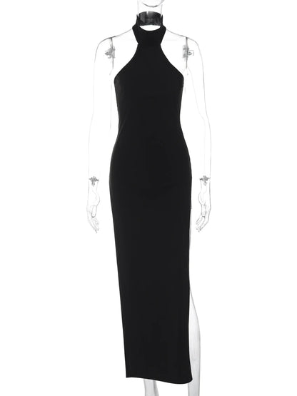 Hugcitar Halter Black Sleeveless Backless Slit Sexy Bodycon Maxi Prom Dress 2024 Spring Fashion Women Outfit Beach Vacation Club