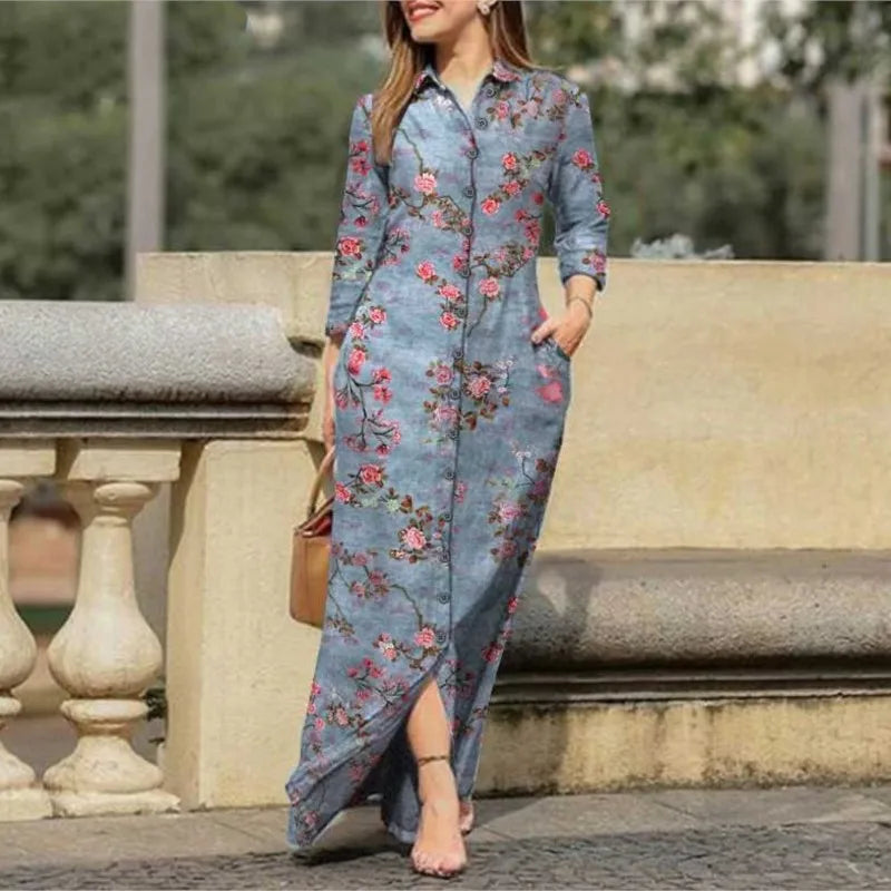 Women's Long Sleeve Button Shirt Dress, Leisure Positioning Print, Retro Pocket, Polo Collar, Elegant Fashion, Autumn, Winter