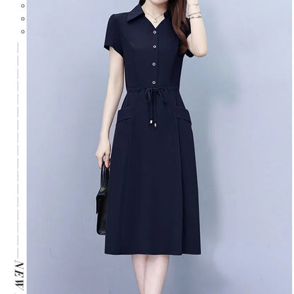 Korean Short Sleeve Midi A-Line Shirt Dress Women Summer Fashion Adjustable Waist Casual Dresses Office Lady Casual Vestidos Muj