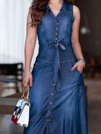Summer Plus Size Women's Dress Fashion Loose Flat Neck Wash Denim Bow Tank Top Dress Sleeveless Dress Beach Sun Dress Vestidos