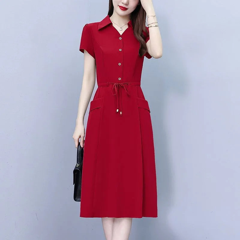 Korean Short Sleeve Midi A-Line Shirt Dress Women Summer Fashion Adjustable Waist Casual Dresses Office Lady Casual Vestidos Muj