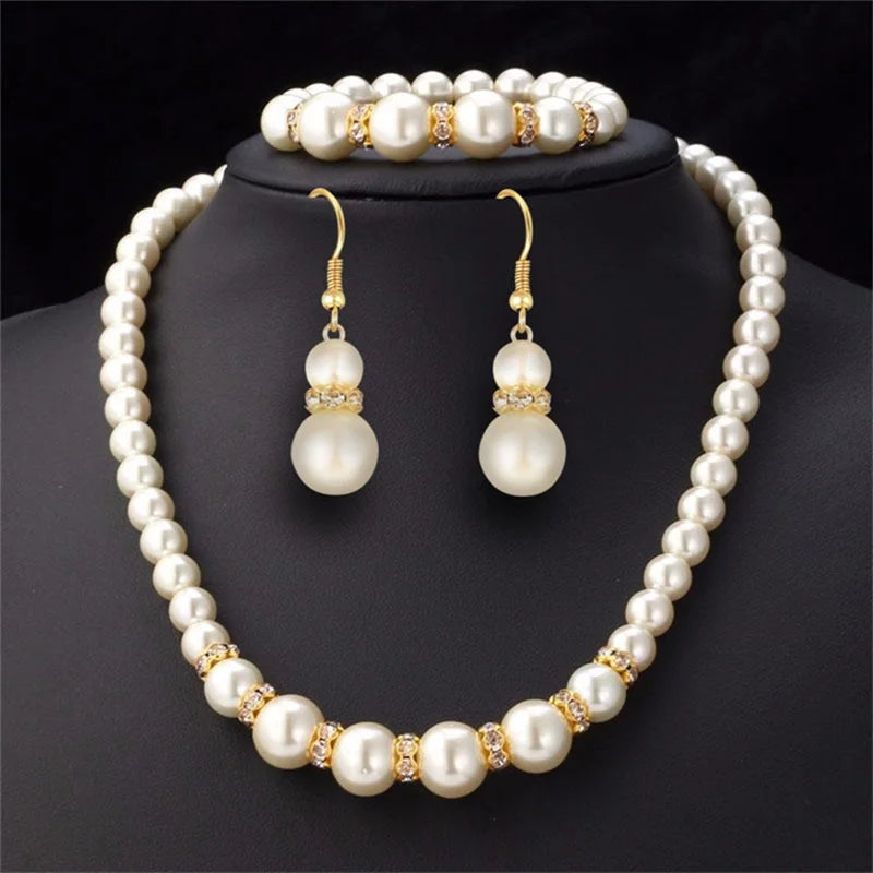 Women's Fashion Bridal Pearl Set Delicate Necklace Earrings Bracelet Jewelry Girls Anniversary Wedding Engagement Birthday Gift