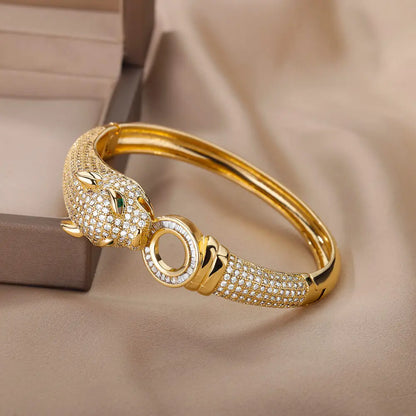 Cubic Zirconia Leopard Bangle Bracelet for Women Luxury Stainless Steel Bracelets Female Wedding Jewelry Valentines Day Gift